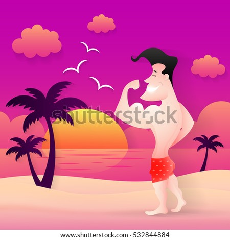 Beach muscular man posing summer ocean sun.