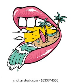 Beach in my mouth hand drawn illustration