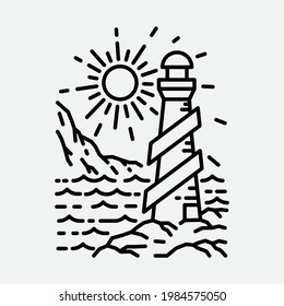 Beach nature lighthouse adventure wild line badge patch pin graphic illustration vector art t-shirt design