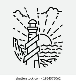 Beach nature lighthouse adventure wild line badge patch pin graphic illustration vector art t-shirt design
