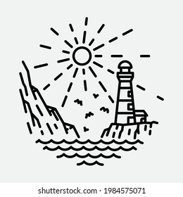 Beach nature lighthouse adventure wild line badge patch pin graphic illustration vector art t-shirt design