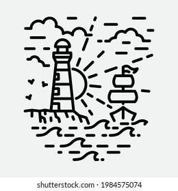Beach nature lighthouse adventure wild line badge patch pin graphic illustration vector art t-shirt design