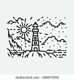 Beach nature lighthouse adventure wild line badge patch pin graphic illustration vector art t-shirt design