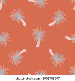 Beach nature seamless pattern with hand drawn blue and grey colored palm trees. Coral background. Graphic design for wrapping paper and fabric textures. Vector Illustration.