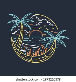 Beach nature and sunset night line graphic illustration vector art t-shirt design