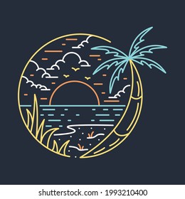 Beach nature and sunset night line graphic illustration vector art t-shirt design