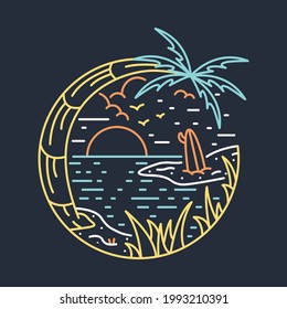 Beach nature surfboard and sunset night line graphic illustration vector art t-shirt design