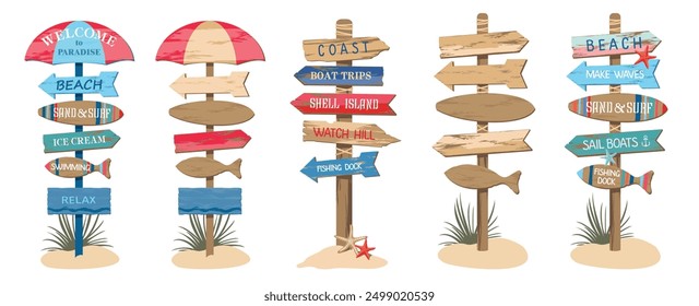 Beach nautical signpost set. Various signs with arrows and lettering - welcome to paradise, beach, sand and surf, swimming. Empty wooden beach pointer. Illustrated vector clipart.