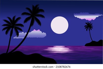 la playa por la noche está iluminada por la luna llena y el cielo está despejado con algunas nubes