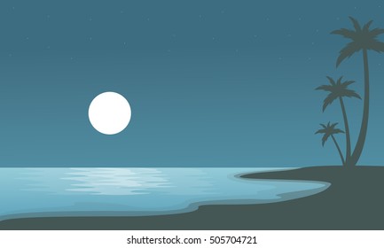 Beach at night with moon of sulhouettes vector