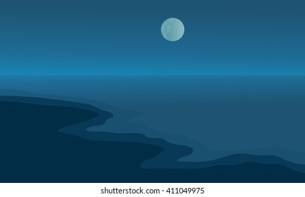 Beach at night scenery with moon and blue backgrounds