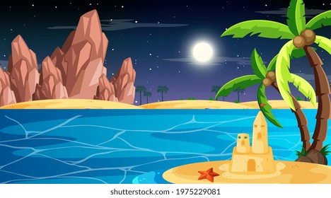Beach at night time landscape scene with palm tree and sand castle illustration