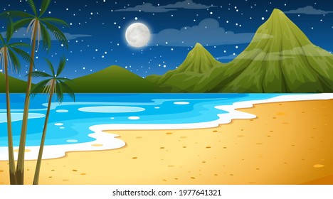 Beach at night time landscape scene with palm tree illustration