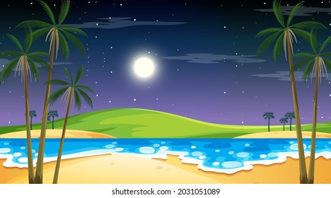 Beach at night time landscape scene with palm tree illustration