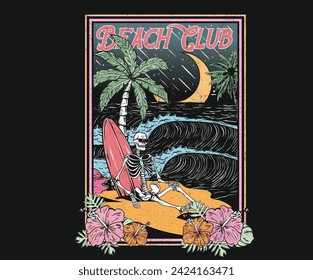 Beach night view. Summer good vibes artwork for apparel. palm long beach illustration vector. Summer flower print. Big wave. Beach palm tree. Skull surfing club artwork. Skeleton with surfing board.