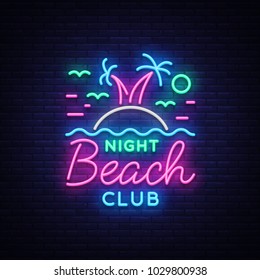 Beach nightclub neon sign. Logo in Neon Style, Symbol, Design Template for Nightclub, Night Party Advertising, Discos, Celebration. Neon banner, postcard, card. Summer. Vector illustration