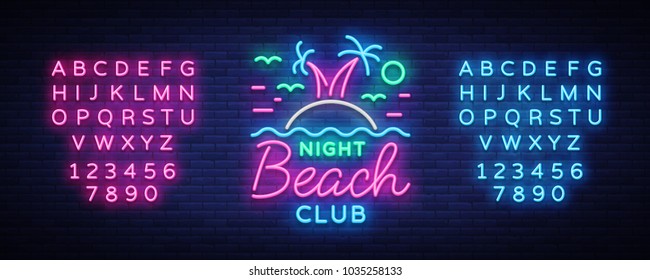 Beach Nightclub Neon Sign. Logo In Neon Style, Symbol, Design Template For Nightclub, Night Party Advertising, Discos, Celebration. Neon Banner. Summer. Vector Illustration. Editing Text Neon Sign