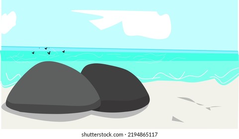 Beach in the noon with birds are capturing fish in the ocean. For illustration, children books and others. Simple vector design