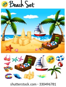 Objetos de playa e ilustración de la escena oceánica