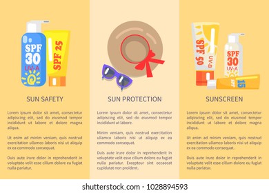 Beach objects for relaxation vector colorful collection in flat design with written text information below. Summer cosmetic means and clothes