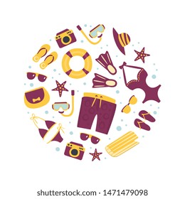 Beach Objects of Round Shape Seamless Pattern, Summer Travel Accessories Vector Illustratio