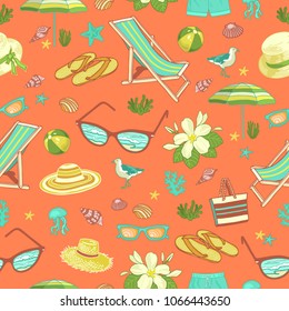 beach objects seamless pattern on the orange background