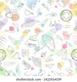 Beach objects summer pattern. Color summer background. Holiday object line art, sketch. Black and white backdrop, color splash. Umbrella, glasses,  ice cream, hat, bikini illustration. Holiday print. 