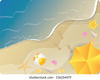 Beach ocean  banner with umbrella, starfishes and flip-flops. Top view.