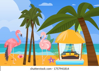 Costa del océano playero, fondo de balneario, ilustración vectorial. Viajes tropicales de vacaciones, vacaciones al aire libre en cenador cerca del agua. La naturaleza relajante paisaje, hermosa cabaña en la isla.