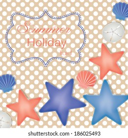 Beach and ocean layout with starfish, sand dollars and shells for summer, holiday and vacation background for scrapbooking, vector format.