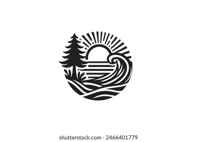 Strand-Ozean-Logo mit Wellen mit Pine Tree Schwarz und Weiß Silhouette Stil Vektorgrafik