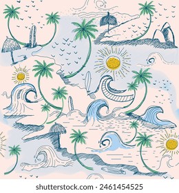 Beach and ocean palm tree, big wave, sun vector hand drawn style on light beige color background. Vector art Hand drawn illustration for summer design, print pattern