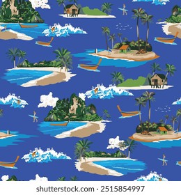 beach ocean sea island boat ship surfing adventure trekking nature outdoor illustration background seamless pattern repeat print textile fabric vector artwork