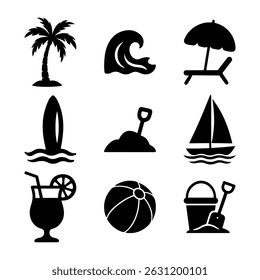 Beach and ocean silhouette icons, summer symbols set