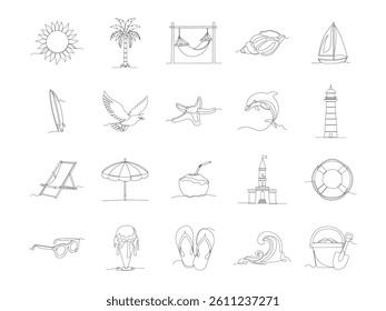 Beach and Ocean Summer One Line Art Vector Set Illustration