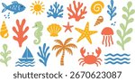 Beach and ocean vector illustration set, tropical summer clipart with fish, coral reef, seashell, starfish, palm tree, jellyfish, seahorse, crab, sun, boat and wave icons in flat colorful style
