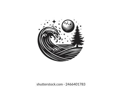 beach ocean vibes logo with waves with pine tree silhouette style vector