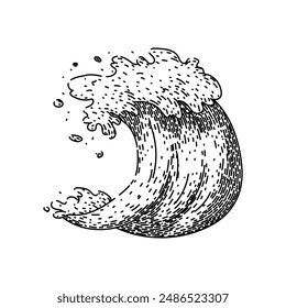 beach ocean wave hand drawn. sky horizon, texture summer, sun surface beach ocean wave vector sketch. isolated black illustration