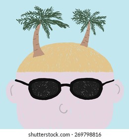 Beach on head show thinking about summer and beach in head, cartoon drawing vector.