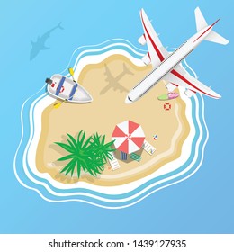 beach on the island with airplane illustration