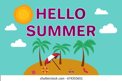 Beach on the island. Striped towel, umbrella, flip flops, float ring, sunglasses. Vector Illustration