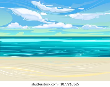 Playa a orillas del mar. Línea de surf. Mar y olas, paisaje marino. Horizonte. Ilustración de estilo plano. Playa de arena. Vector