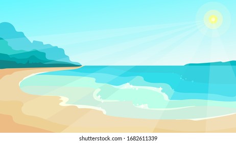 Beach on sunny day. Beautiful landscape in cartoon style.