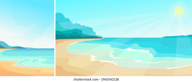 Beach on sunny day. Beautiful seascape in vertical and horizontal orientation.