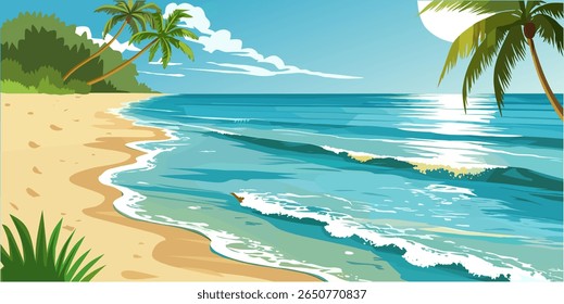 Beach on a Sunny day. Beautiful beach views with palm trees. Beach in summer. Vector Design Illustration for Decoration, Card, Poster and others.