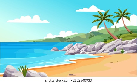 Praia num dia ensolarado. Vista da praia, céu azul, palmeiras, praia de areia, ondas do mar. Boa vibração de Beach. Ilustração de design de vetor para decoração, cartão, banner e outros. 