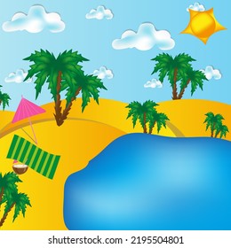 A beach on a tropical island with palm trees, an umbrella, a towel, a blue ocean and a cocktail in a coconut on the background of a blue sky with the sun and clouds. Travel agency concept.