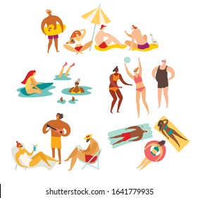 Beach outdoor activities vector collection illustration. Girl doing selfie, people talking and relax, woman sitting on beach chair.Summer holiday relax concept. Isolated on white on white background