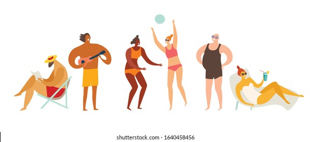 Beach outdoor activities vector illustration. Man reading book and plays ukulele. Woman playing volleyball and sunbathing on the beach. Summer holiday relax concept. Flat cartoon retro style, isolated
