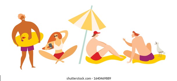 Beach outdoor activities vector illustration. Man with yellow duck rubber rings. Beautiful girl doing selfie, people talking and relax, woman sitting on beach chair.Summer relax and outdoor activities